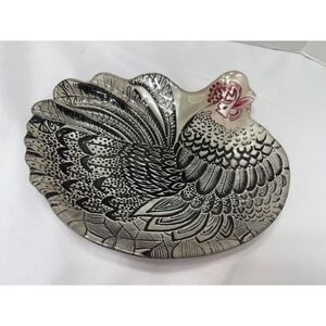 Decorative Rooster Chicken Shaped Trinket Dish Metallic Silver Red Accent